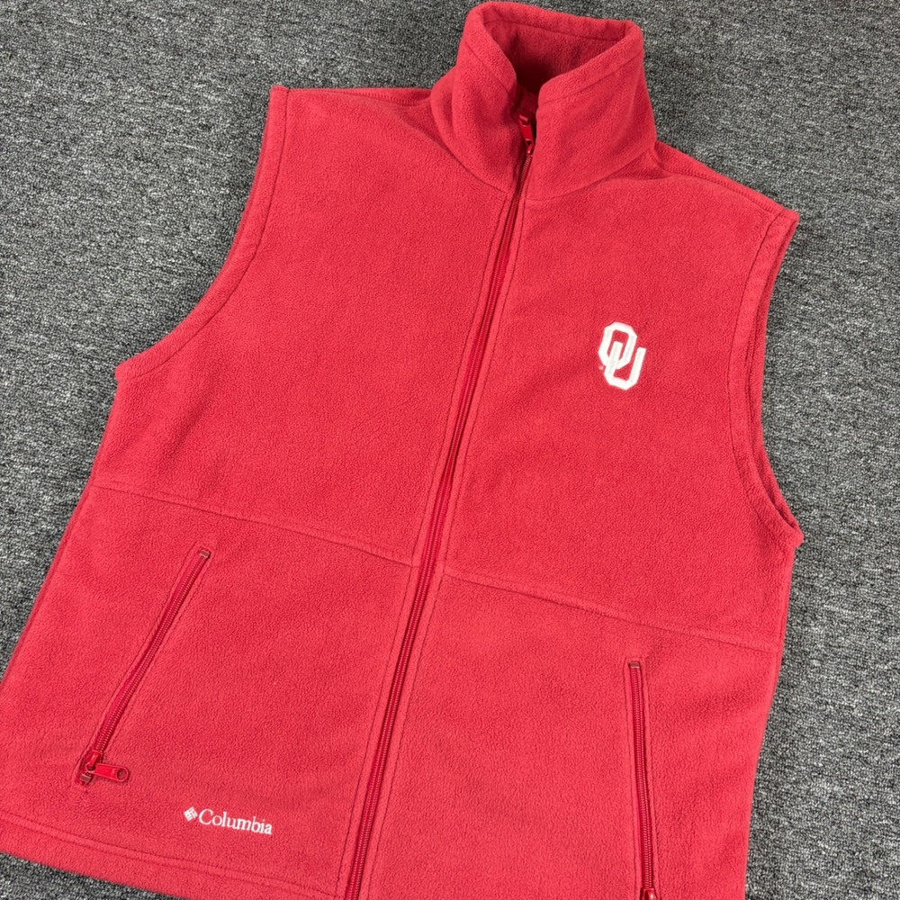 Columbia Fleece Vest Mens Large Red Oklahoma Sooners OU Full Zip Sleeveless